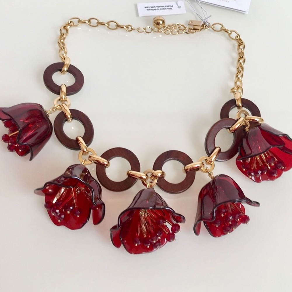 kate spade Red Floral Resin Drop Necklace with Gold Chain